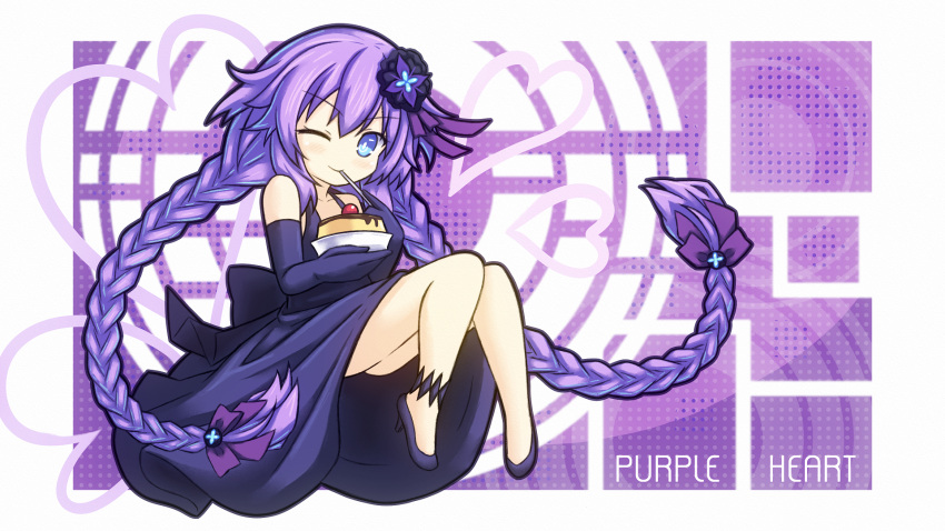 1girl bare_shoulders black_bow black_dress black_gloves black_ribbon blue_eyes blush bow braid character_name dress eating elbow_gloves eyebrows eyebrows_visible_through_hair food gloves hair_ornament highres holding long_hair neptune_(series) novus_rue one_eye_closed power_symbol pudding purple_hair purple_heart ribbon solo spoon symbol-shaped_pupils twin_braids