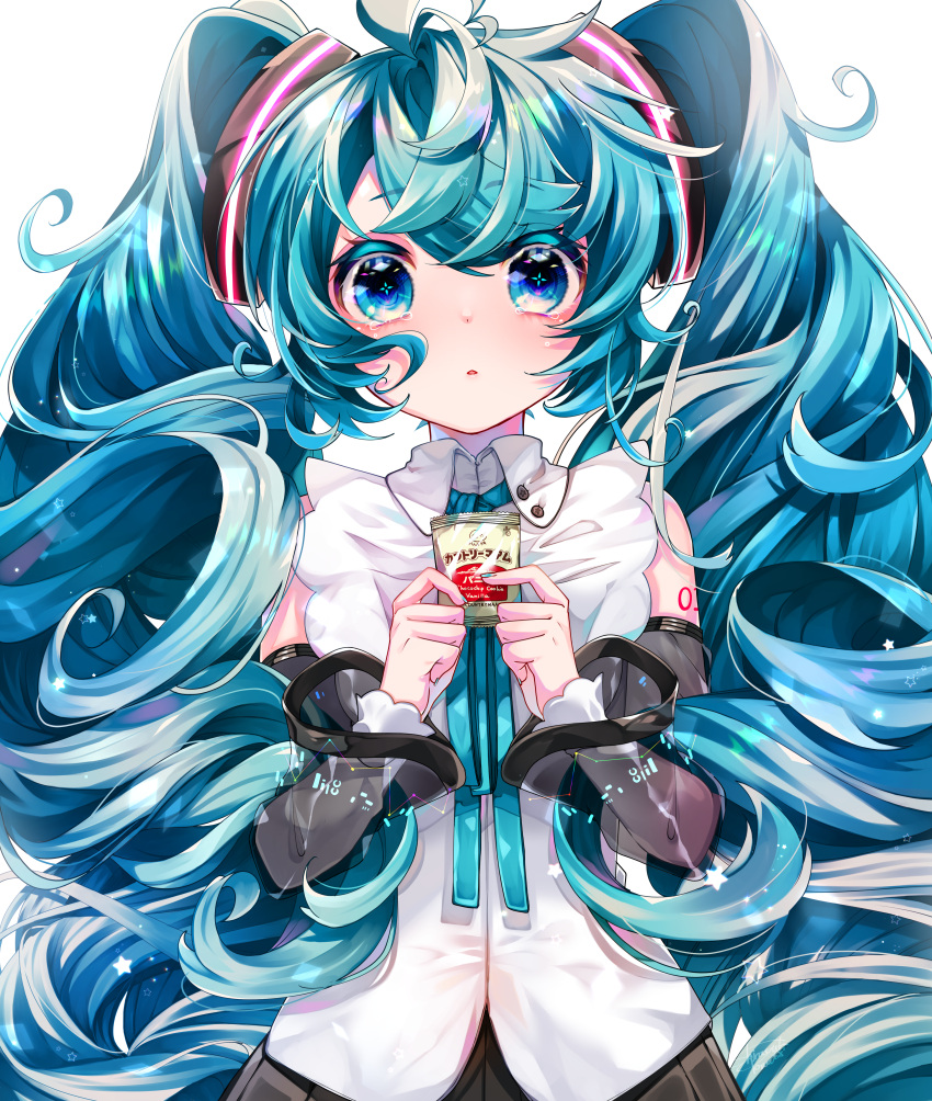 1girl absurdres aqua_eyes aqua_hair aqua_nails aqua_neckwear bag bare_shoulders black_skirt black_sleeves commentary country_ma'am detached_sleeves glowing hair_ornament hatsune_miku hatsune_miku_(nt) highres holding holding_bag huge_filesize layered_sleeves long_hair looking_at_viewer nail_polish neck_ribbon parted_lips piapro pleated_skirt ribbon see-through_sleeves shirayuki_towa shirt shoulder_tattoo skirt sleeveless sleeveless_shirt solo symbol_in_eye tattoo translated twintails upper_body very_long_hair vocaloid white_background white_shirt white_sleeves