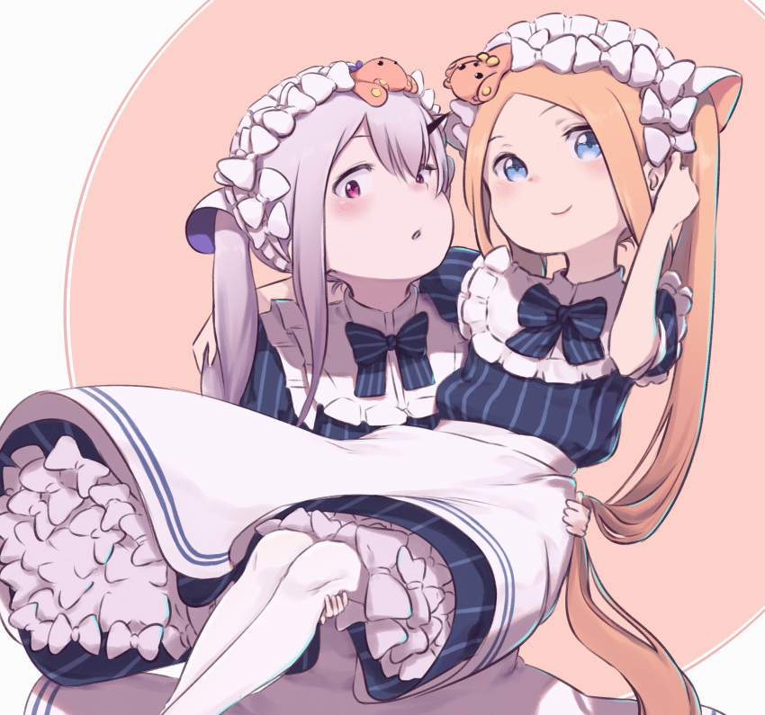2girls abigail_williams_(fate) animal_ears apron bangs blonde_hair blue_dress blue_eyes blush bow breasts carrying cat_ears cook_heart_(fate) daisi_gi dress fate/grand_order fate_(series) forehead hair_bow highres horns lavinia_whateley_(fate) long_hair looking_at_viewer multiple_bows multiple_girls open_mouth parted_bangs princess_carry puffy_short_sleeves puffy_sleeves short_sleeves sidelocks single_horn small_breasts stuffed_animal stuffed_toy teddy_bear twintails violet_eyes white_hair