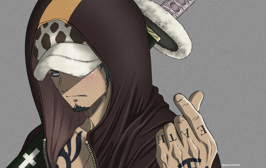 1boy arm_tattoo bare_pecs black_eyes black_hair blush brown_jacket chest_tattoo collarbone face facial_hair finger_heart goatee hat_under_hood highres hood hooded_jacket jacket looking_away male_focus one_piece open_clothes open_jacket over_shoulder panther_print pectorals pinattsu short_hair sideburns solo sword sword_over_shoulder tattoo toned toned_male trafalgar_law upper_body weapon weapon_over_shoulder