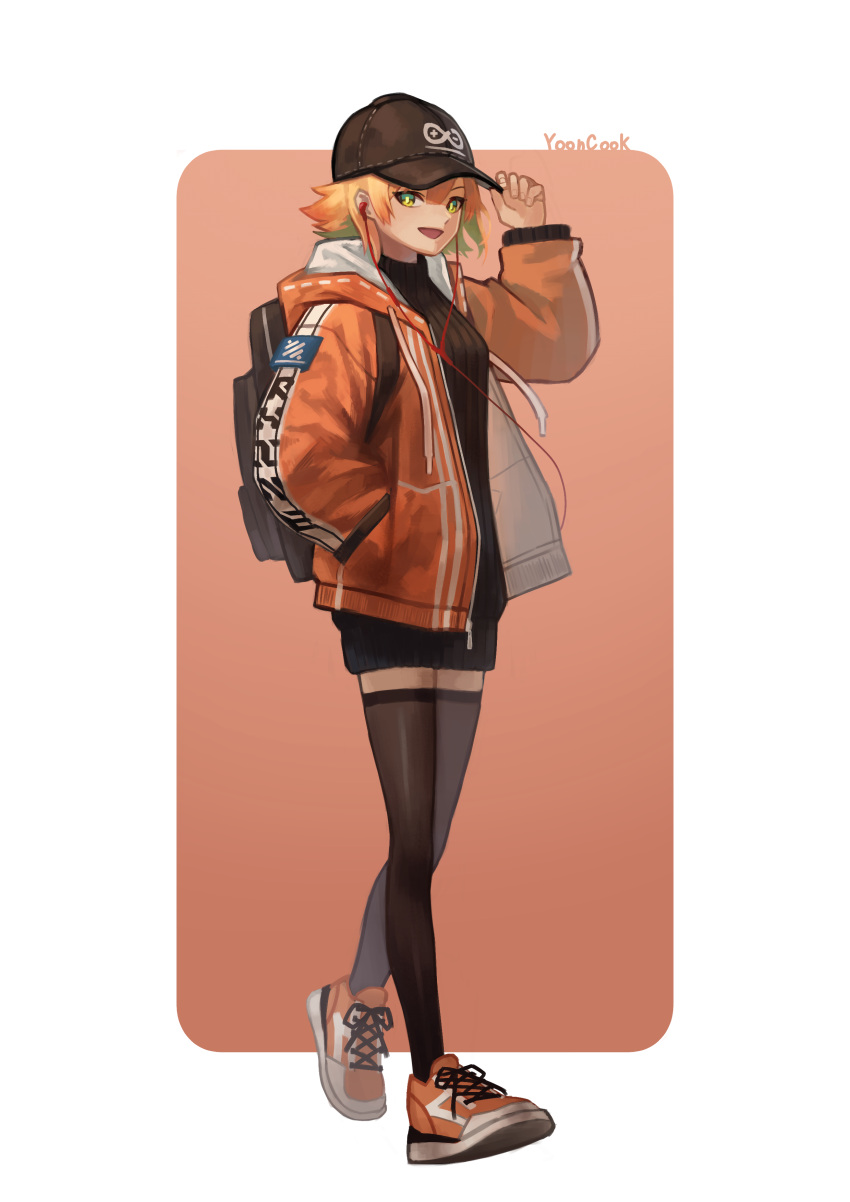 1girl absurdres arknights arm_up artist_name backpack bag bangs black_headwear black_legwear black_sweater blonde_hair blunt_bangs border earphones full_body hand_in_pocket hand_on_headwear hat highres jacket long_sleeves looking_at_viewer mayer_(arknights) open_clothes open_jacket open_mouth orange_jacket outside_border rhine_lab_logo shoes short_hair sidelocks smile sneakers solo sweater thigh-highs thighs turtleneck walking yellow_eyes yoon_cook zettai_ryouiki