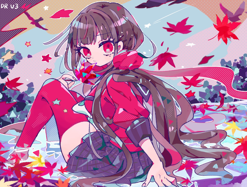 1girl autumn_leaves bangs black_skirt blunt_bangs brown_hair commentary_request copyright_name dangan_ronpa_(series) dangan_ronpa_v3:_killing_harmony eyebrows_visible_through_hair from_side hair_ornament harukawa_maki highres leaf long_hair long_sleeves looking_at_viewer low_twintails mole mole_under_eye osshouri55 pleated_skirt red_eyes red_legwear red_scrunchie red_shirt school_uniform scrunchie shirt sitting skirt sleeves_past_elbows soaking_feet solo thigh-highs twintails