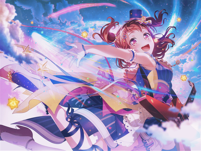 1girl alternate_hairstyle bang_dream! blush brown_hair cloud dress guitar official_art open_mouth short_hair smile solo star star_(sky) star_hair_ornament starry_sky top_hat toyama_kasumi violet_eyes