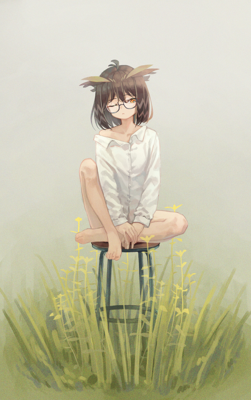 1girl absurdres ahoge arknights bangs bare_shoulders barefoot brown_hair chair closed_mouth collarbone collared_shirt eyebrows_visible_through_hair full_body glasses green_eyes hair_flaps hands_on_legs highres huge_filesize knee_up legs long_sleeves looking_away looking_to_the_side no_pants off_shoulder one_eye_closed plant semi-rimless_eyewear shirt short_hair sidelocks silence_(arknights) simple_background sitting sleeve_cuffs solo white_shirt yoon_cook