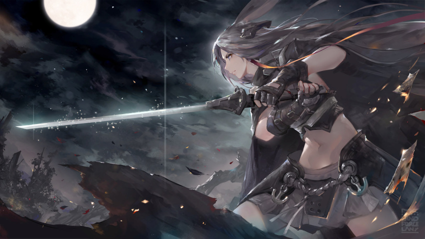 1girl anchor_symbol animal_ears armor armored_dress artist_name azur_lane bangs black_cape black_gloves blue_eyes burnt_clothes cape chinese_commentary closed_mouth collaboration commentary_request english_commentary fingerless_gloves from_side full_moon gloves groin headgear highres hiryuu_(azur_lane) hiryuu_meta_(azur_lane) holding holding_sword holding_weapon long_hair midriff mixed-language_commentary mkiiiiii moon moonlight navel night night_sky ocean parted_bangs rabbit_ears sidelocks silver_hair skirt sky solo standing sword wading weapon windforcelan