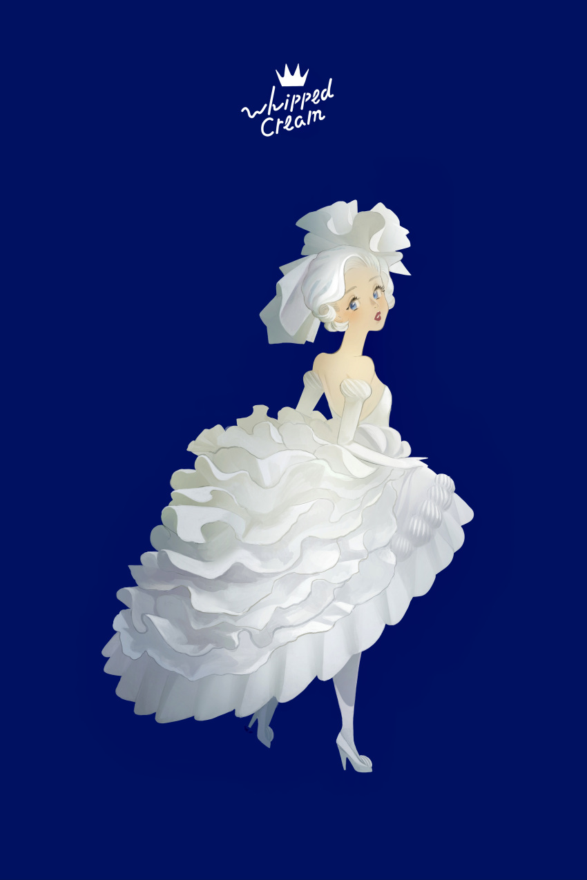 1girl absurdres blue_background blue_eyes blush dress elbow_gloves english_text frilled_dress frills from_behind full_body gloves high_heels highres looking_at_viewer looking_back mu_mashu original parted_lips personification simple_background solo standing strapless strapless_dress white_dress white_gloves white_hair