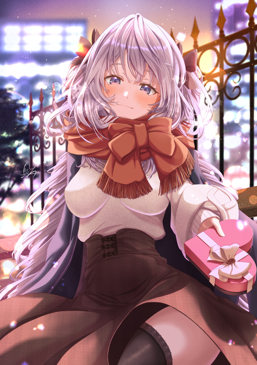 1girl absurdres bangs black_legwear blurry blurry_background blush brown_skirt building chocolate city_lights closed_mouth coat commentary_request fate/grand_order fate_(series) gift highres holding huge_filesize long_hair long_sleeves looking_at_viewer marie_antoinette_(fate) night outdoors outstretched_arm purple_coat railing red_scarf scarf sidelocks signature silver_hair skirt smile solo sweater thigh-highs thighs totomiya valentine violet_eyes white_sweater