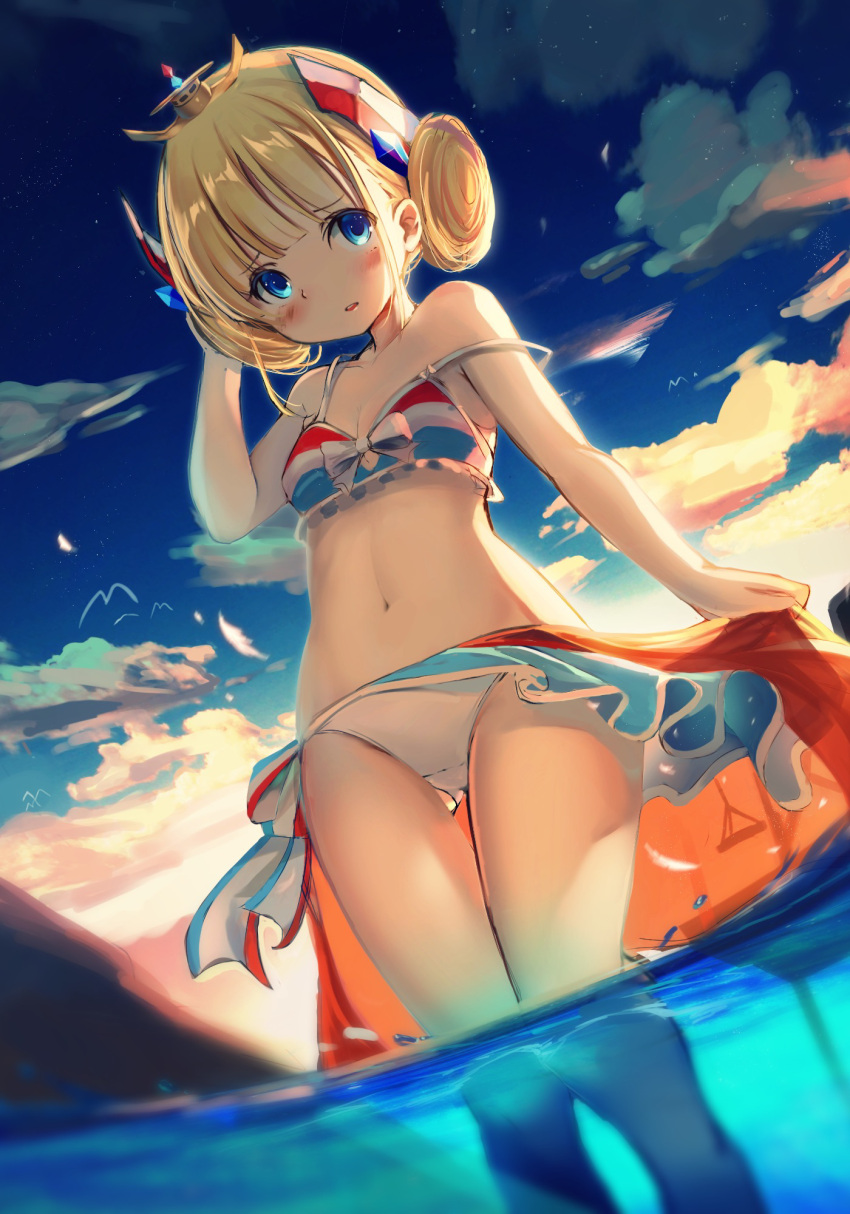 1girl ass_visible_through_thighs azur_lane backlighting bangs bare_arms bare_legs bare_shoulders bikini blonde_hair blue_eyes breasts clouds double_bun dutch_angle evening feet_out_of_frame french_flag_bikini from_below heaven's_melody highres le_triomphant_(azur_lane) looking_at_viewer navel outdoors sarong sidelocks sky small_breasts solo stomach strap_slip striped striped_bikini swimsuit thigh_gap tiara wading water white_bikini