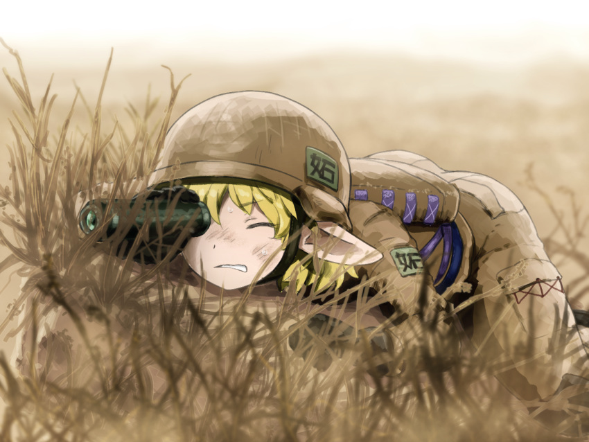 1girl backpack bag black_gloves blonde_hair blurry blurry_background clenched_teeth closed_eyes commentary_request day dirty dirty_face gloves grass grimace helmet khakis lying military military_uniform mizuhashi_parsee mountainous_horizon on_stomach outdoors pointy_ears shirosato solo spotting_scope teeth touhou uniform
