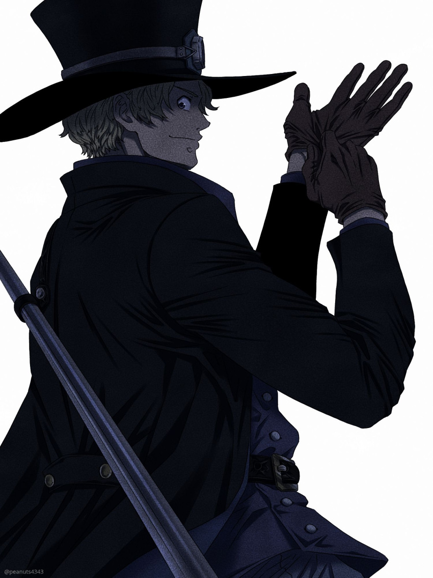 1boy adjusting_clothes adjusting_gloves back belt black_headwear blonde_hair gloves goggles goggles_on_headwear hat highres jacket looking_at_viewer male_focus one_piece open_clothes open_jacket pinattsu pipe sabo_(one_piece) short_hair smile solo top_hat