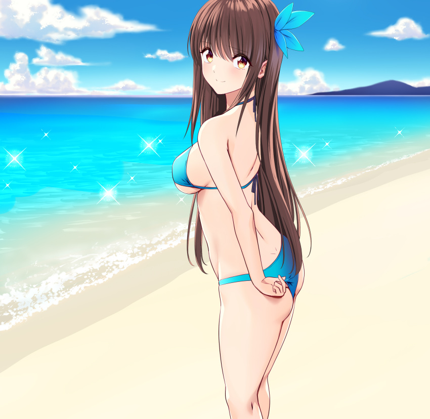 1girl absurdres adjusting_clothes adjusting_swimsuit ass back bangs beach bikini blue_bikini blush bow breasts brown_eyes brown_hair day dimples_of_venus eyebrows_visible_through_hair from_side hair_bow halter_top halterneck highres legs_together long_hair looking_at_viewer marui_koishi medium_breasts mountainous_horizon nervous_smile ocean original outdoors smile sparkle standing swimsuit under_boob