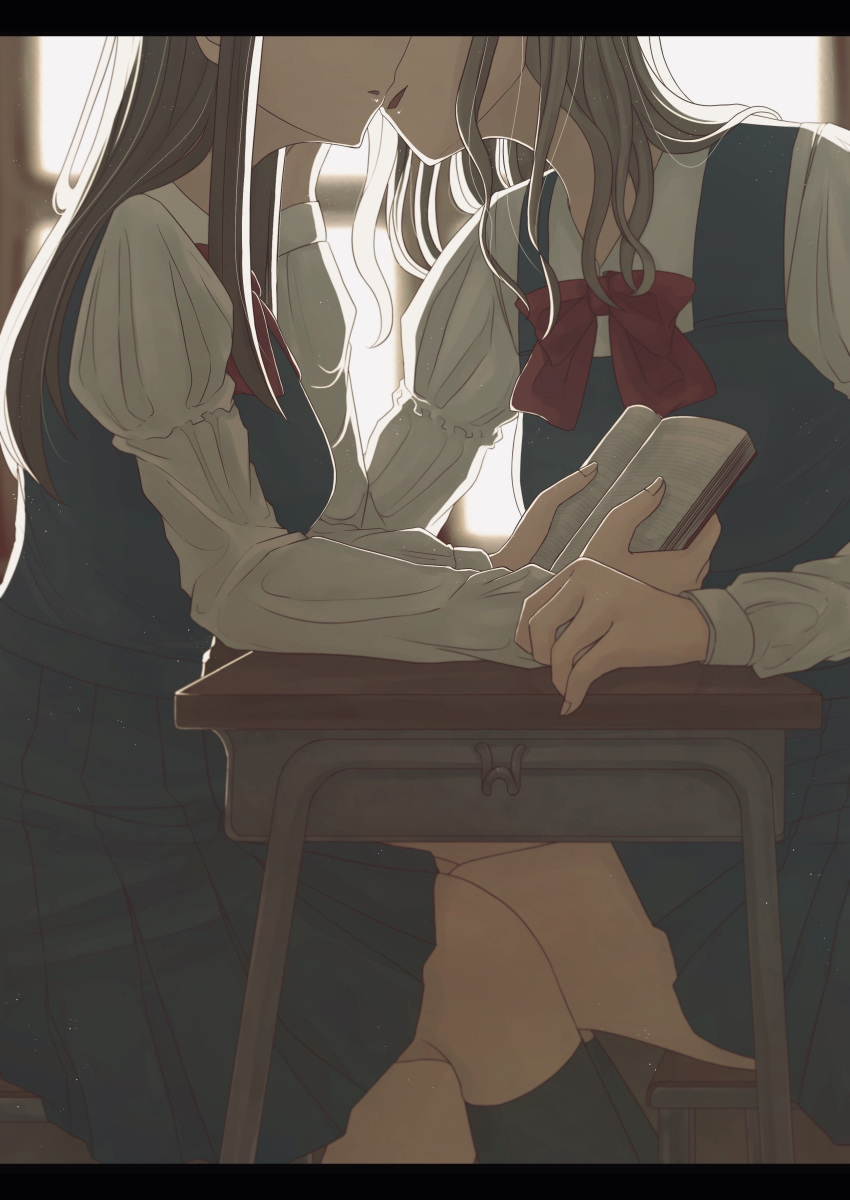 2girls absurdres book bow brown_hair desk facing_another grey_hair highres hoshizora_no_shita imminent_kiss long_sleeves multiple_girls open_mouth original out_of_frame red_bow school_desk school_uniform sitting yuri