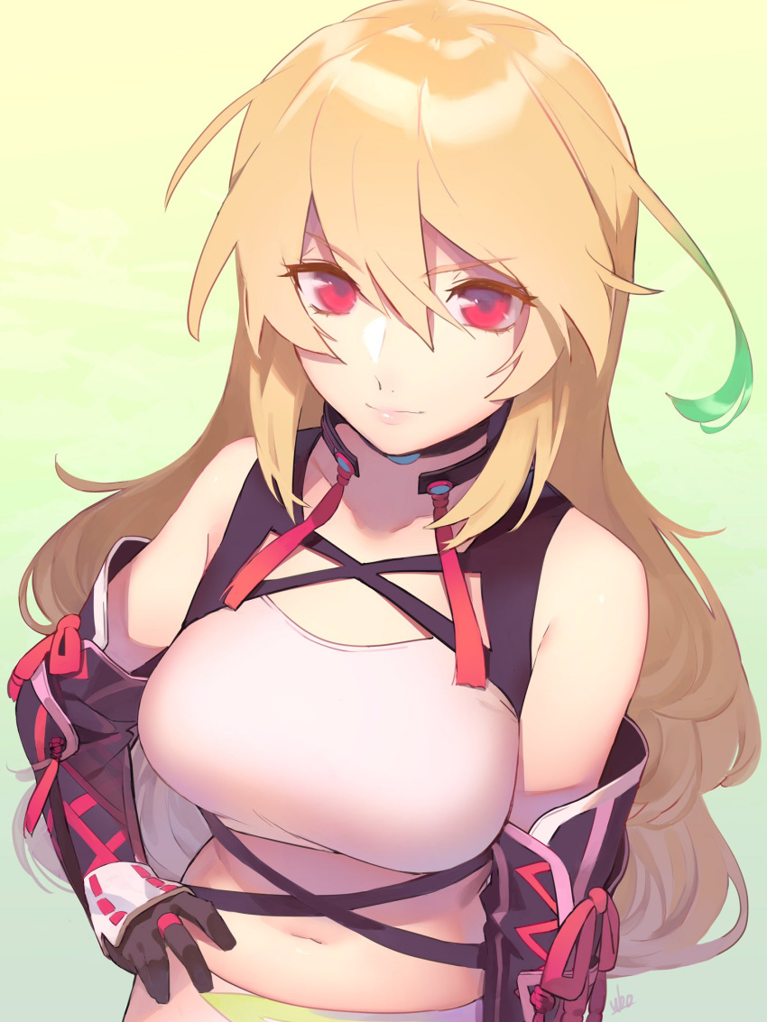 1girl bangs black_choker black_gloves blonde_hair breasts choker closed_mouth collarbone crop_top elbow_gloves eyebrows_visible_through_hair gloves hair_between_eyes hand_on_hip highres long_hair medium_breasts midriff milla_maxwell navel red_eyes shiny shiny_hair smile solo stomach tales_of_(series) tales_of_xillia ubo_(ubo_tales) upper_body very_long_hair