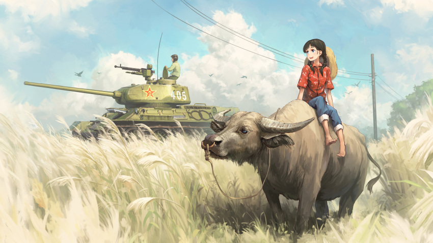 1boy 1girl barefoot bird blue_eyes braid brown_hair bull chinese_commentary chinese_new_year chinese_zodiac clouds goose ground_vehicle hat highres looking_to_the_side military military_uniform military_vehicle motor_vehicle original outdoors pants pants_rolled_up people's_liberation_army power_lines riding sitting sky soldier straw_hat t-34-85 tank tank_helmet tanto_(tc1995) tree twin_braids uniform wheat wheat_field world_war_ii year_of_the_ox