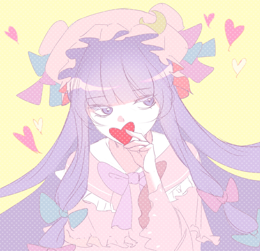 1girl bangs blue_bow blue_ribbon blunt_bangs bow bowtie covering_mouth crescent_hat_ornament eyebrows_visible_through_hair hair_bow hat hat_ribbon heart highres holding holding_heart long_hair looking_to_the_side mob_cap patchouli_knowledge pink_bow pink_capelet pink_neckwear purple_hair purple_ribbon red_bow red_ribbon repya9 ribbon simple_background solo touhou upper_body violet_eyes wide_sleeves yellow_background