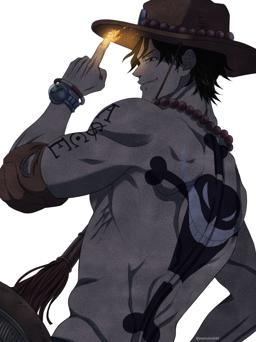 1boy arm_tattoo back back_tattoo freckles hat highres looking_at_viewer male_focus one_piece orange_headwear pectorals pinattsu portgas_d._ace shirtless short_hair solo tattoo toned toned_male