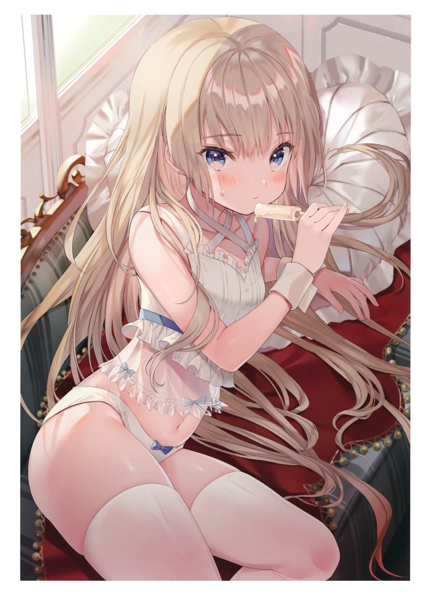 1girl absurdres bangs blonde_hair blue_bow blue_eyes bow bow_panties child collarbone couch dripping eyebrows_visible_through_hair food highres holding kanda_done long_hair looking_at_viewer lying melonbooks midriff navel non-web_source on_couch on_side panties pillow popsicle scan see-through skindentation sleeveless solo sweatdrop thigh-highs underwear white_legwear white_panties window wrist_cuffs