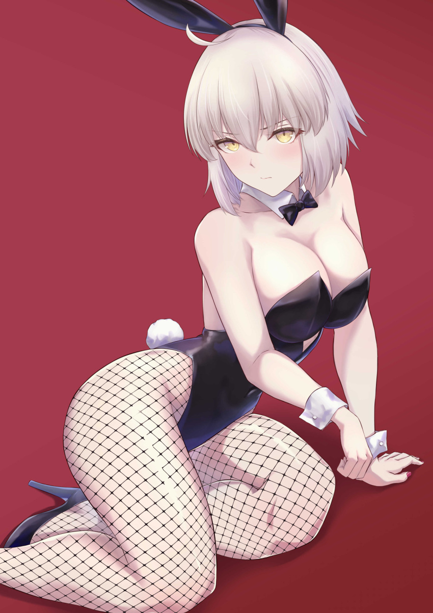 1girl absurdres ahoge animal_ears bangs black_leotard blush bow bowtie breasts bunny_tail covered_navel detached_collar fake_animal_ears fate/grand_order fate_(series) fishnet_legwear fishnets fuwatoromonta high_heels highleg highleg_leotard highres jeanne_d'arc_(alter)_(fate) jeanne_d'arc_(fate)_(all) large_breasts leotard looking_at_viewer okuma707 playboy_bunny rabbit_ears red_background short_hair silver_hair strapless strapless_leotard tail thighs wrist_cuffs yellow_eyes