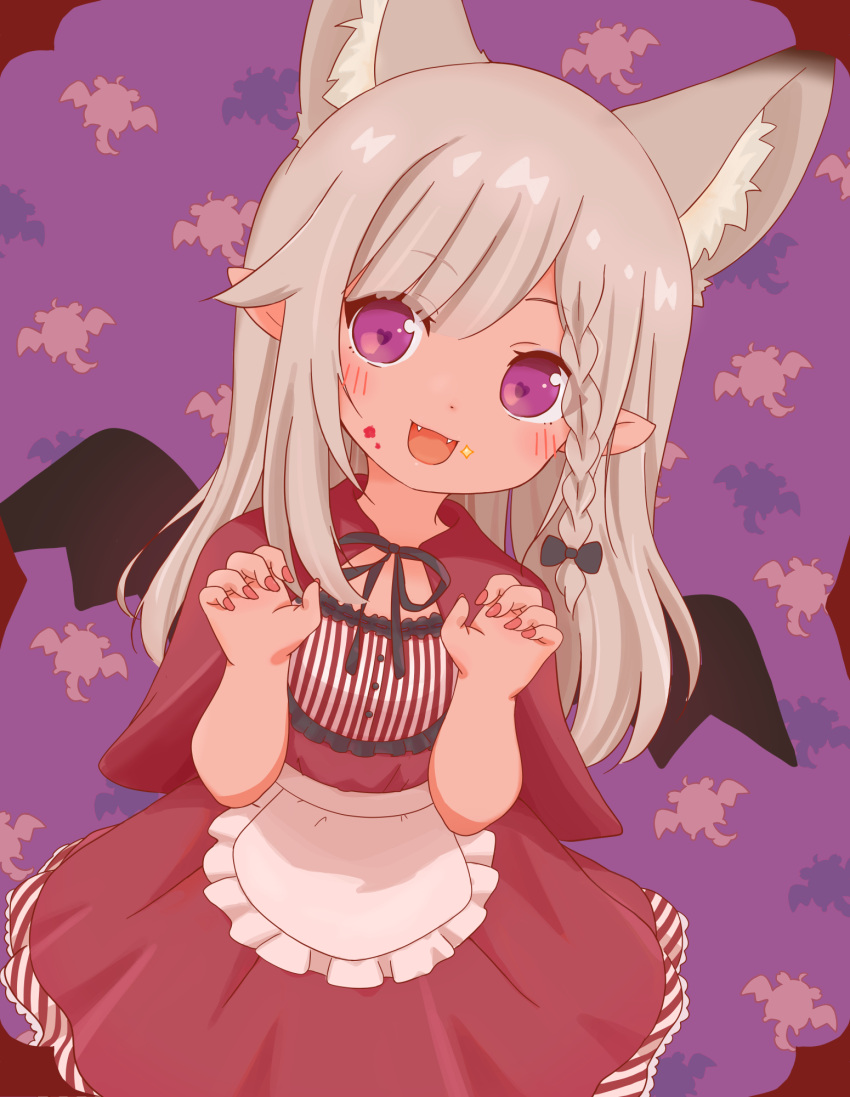 1girl :d animare apron capelet claw_pose dress extra_ears fangs halloween_costume highres long_hair open_mouth pointy_ears shirochimaki shiromiya_mimi silver_hair smile vampire violet_eyes wings