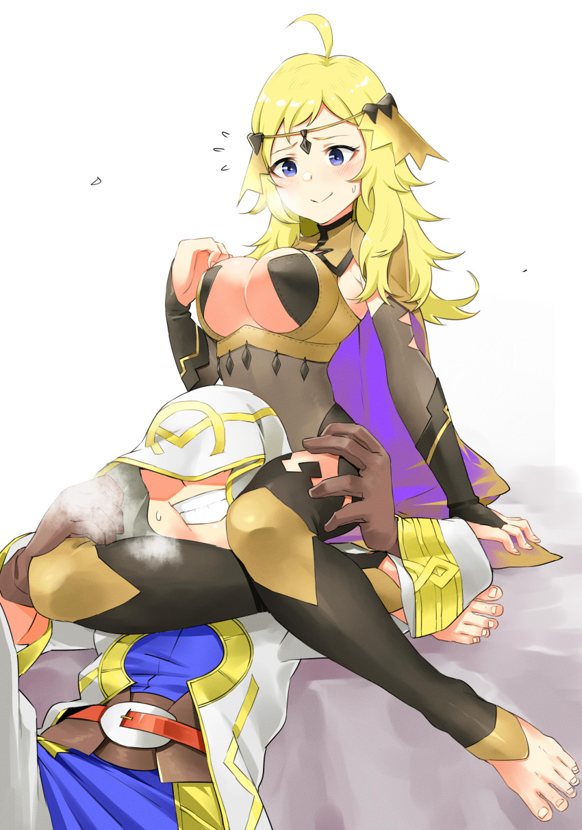 1boy 1girl absurdres ahoge bangs barefoot blonde_hair blue_eyes blush breasts bridal_gauntlets cape circlet commission commissioner_upload feet fire_emblem fire_emblem_fates fire_emblem_heroes full_body hair_ornament head_between_thighs highres igni_tion jewelry kiran_(fire_emblem) large_breasts ophelia_(fire_emblem) scissorhold smile thigh-highs turtleneck