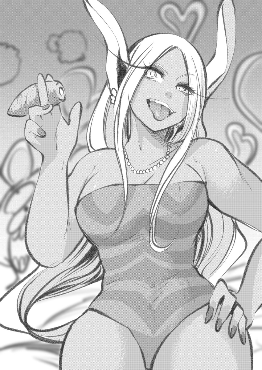 1girl animal_ears boku_no_hero_academia breasts carrot dark_skin dark-skinned_female eyelashes food greyscale half-closed_eye hand_on_hip heart highres holding holding_food holding_vegetable jewelry leotard long_hair mirko monochrome nail_polish necklace nstime23 pearl_necklace rabbit_ears solo standing tongue tongue_out vegetable