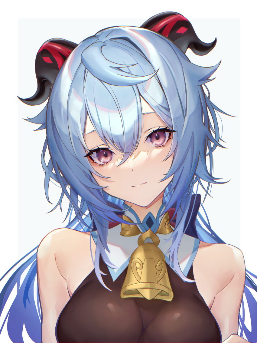 1girl absurdres ahoge bangs bare_shoulders bell blue_hair bodystocking border breasts chromatic_aberration closed_mouth cowbell ganyu_(genshin_impact) genshin_impact goat_horns grey_background hair_between_eyes head_tilt highres horns huge_filesize kabi_(zcwd8845) large_breasts light_smile long_hair looking_at_viewer outside_border shiny shiny_hair sidelocks simple_background solo upper_body violet_eyes white_border