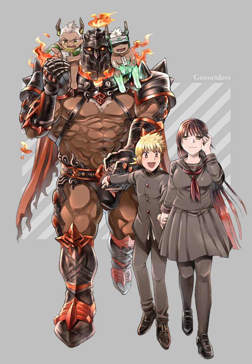 1girl 4boys abs absurdres babalon_(tokyo_houkago_summoners) bare_pecs black_male_underwear black_sclera blonde_hair breasts briefs brown_hair bulge carrying character_request child colored_sclera dark_skin dark_skinned_male demon_horns embers fire gakuran gauntlets giant giant_male glowing glowing_eyes helmet highres horns large_breasts large_pectorals long_hair male_underwear mismatched_sclera multiple_boys muscular muscular_male navel nipples school_uniform serafuku short_hair shoulder_carry size_difference stomach sumi_wo_hakuneko surtr_(tokyo_houkago_summoners) thick_thighs thighs tokyo_houkago_summoners underwear very_dark_skin