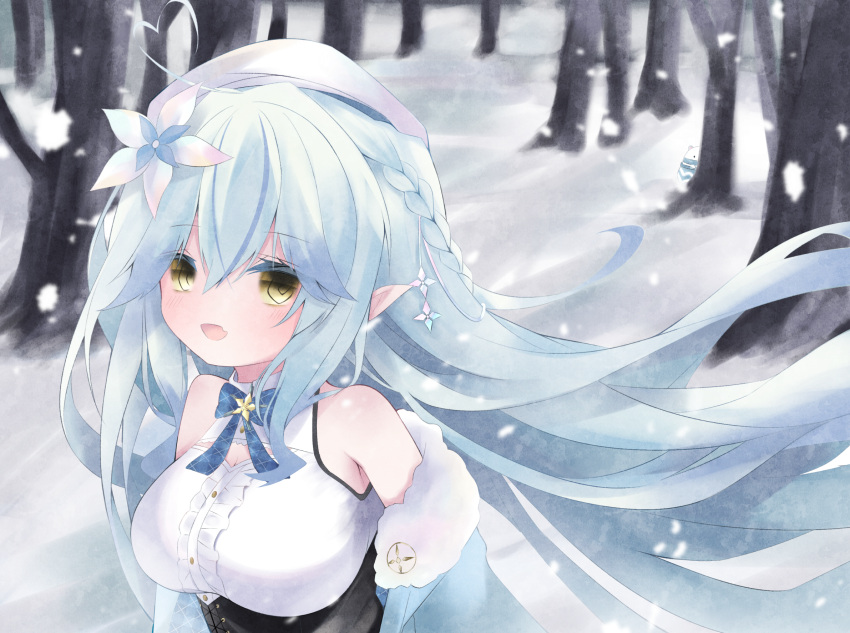 1girl :d @_@ ahoge bangs bare_shoulders beret black_corset blue_coat blue_hair blue_neckwear bow bowtie braid breasts center_frills cleavage_cutout clothing_cutout coat corset daifuku_(yukihana_lamy) elf fang flower forest french_braid frilled_shirt frills fur-trimmed_coat fur_trim hair_between_eyes hair_flower hair_ornament half_updo hat heart_ahoge highres hololive large_breasts light_blush long_hair looking_at_viewer medium_breasts nature off_shoulder open_mouth pointy_ears shirt skin_fang sleeveless sleeveless_shirt smile snow snowflake_hair_ornament snowing solo underbust upper_body very_long_hair virtual_youtuber white_headwear white_shirt yellow_eyes yukihana_lamy yuzuno_kaori