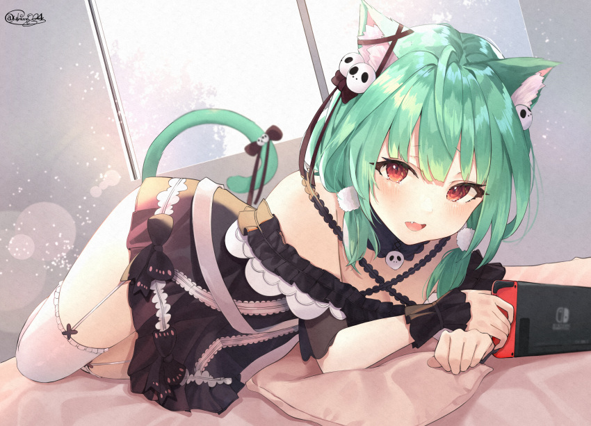 1girl :d absurdres animal_ear_fluff animal_ears backlighting bare_shoulders black_dress cat_ears cat_tail commentary_request dress dutch_angle fang garter_straps green_hair hair_ornament highres hololive huge_filesize indoors lens_flare light_particles looking_at_viewer low_twintails lying medium_hair nintendo_switch off-shoulder_dress off_shoulder on_bed on_side open_mouth red_eyes shiina_aoi short_hair signature skull_hair_ornament skull_ornament smile solo tail thigh-highs twintails uruha_rushia virtual_youtuber white_legwear window wrist_cuffs