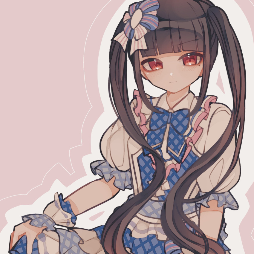 1girl alternate_costume alternate_hairstyle bangs blue_bow blue_dress blunt_bangs blush bow closed_mouth clothing_request commentary_request cowboy_shot dangan_ronpa_(series) dangan_ronpa_v3:_killing_harmony dress frills grey_background hair_ornament harukawa_maki highres hu_(kitsune_ousaiou) layered_dress lolita_fashion long_hair looking_at_viewer multicolored multicolored_clothes multicolored_dress plaid plaid_bow red_eyes short_sleeves solo striped twintails two-tone_background white_dress wrist_cuffs