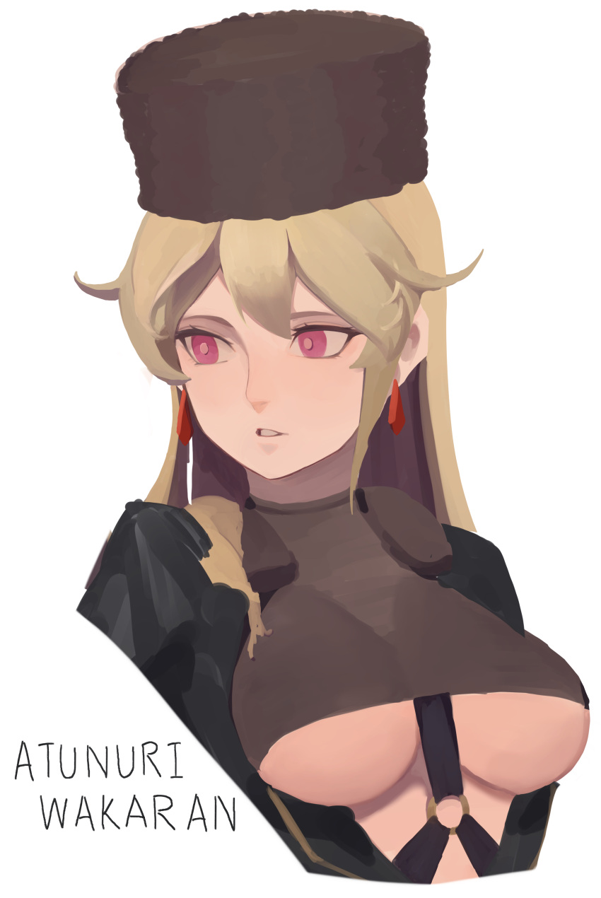 1girl absurdres bangs black_headwear blonde_hair breasts cropped_torso earrings girls_frontline hat highres jewelry kkkhosuke large_breasts long_hair o-ring papakha parted_lips pink_eyes ptrd-41_(girls_frontline) romaji_text simple_background solo under_boob upper_body white_background