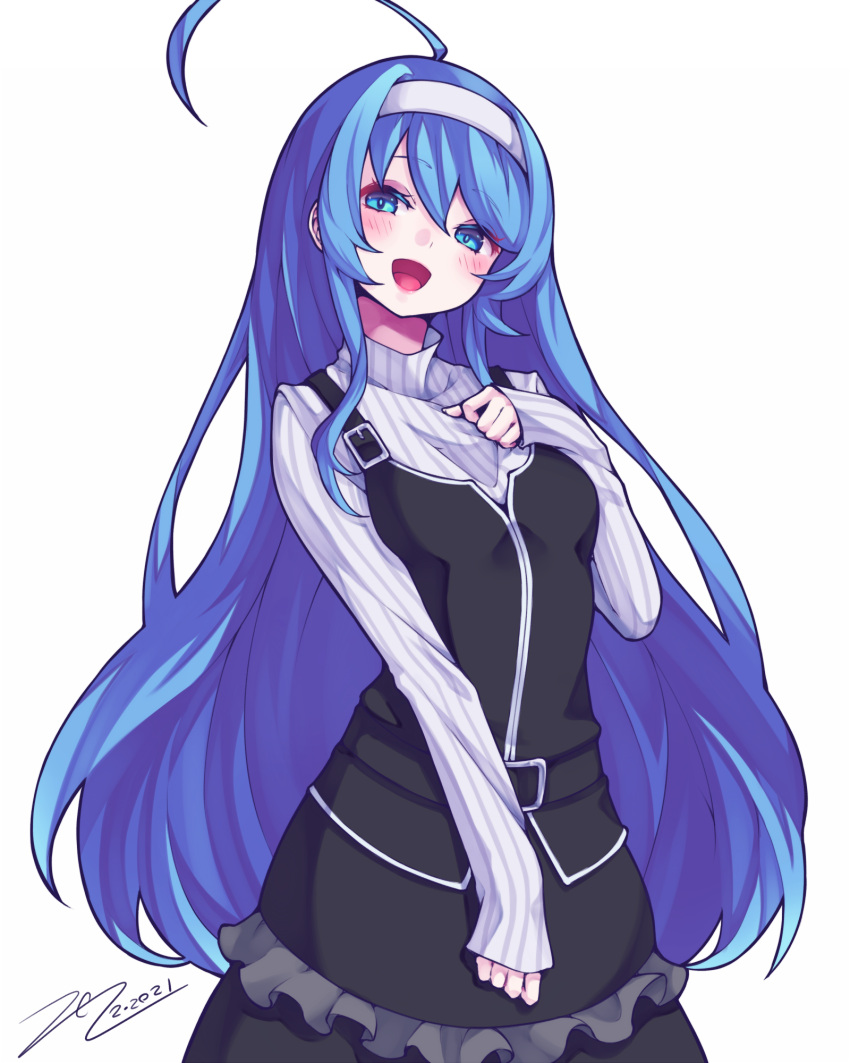 1girl :d ahoge bangs blue_eyes blue_hair blush commentary_request dated eyebrows_visible_through_hair hairband hand_on_own_chest highres huge_ahoge long_hair long_sleeves looking_at_viewer open_mouth orie_(under_night_in-birth) scarlet_zel shirt signature simple_background smile solo striped striped_shirt under_night_in-birth vertical-striped_shirt vertical_stripes white_background white_hairband white_shirt