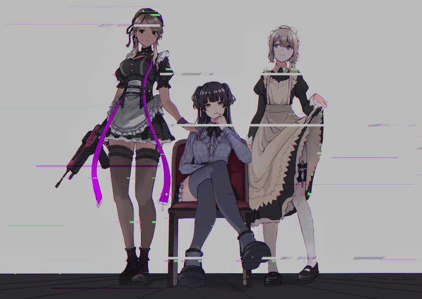 3girls absurdres apron assault_rifle black_hair blonde_hair blue_eyes bow bowtie brown_eyes brown_hair chair concealed_weapon crossed_legs dagger frilled_skirt frills garter_straps glitch gradient gun gyaru hand_on_another's_shoulder highres holster idolmaster idolmaster_shiny_colors indoors izumi_mei long_hair long_sleeves looking_at_viewer looking_away maid maid_apron maid_headdress mary_janes mayuzumi_fuyuko miniskirt multiple_girls nail_polish ochiri pantyhose plaid plaid_shirt puffy_short_sleeves puffy_sleeves rifle serizawa_asahi shirt shoes short_hair short_sleeves silver_hair sitting skirt skirt_lift standing straylight_(idolmaster) tan thigh-highs thigh_holster thighs two_side_up wall weapon zettai_ryouiki