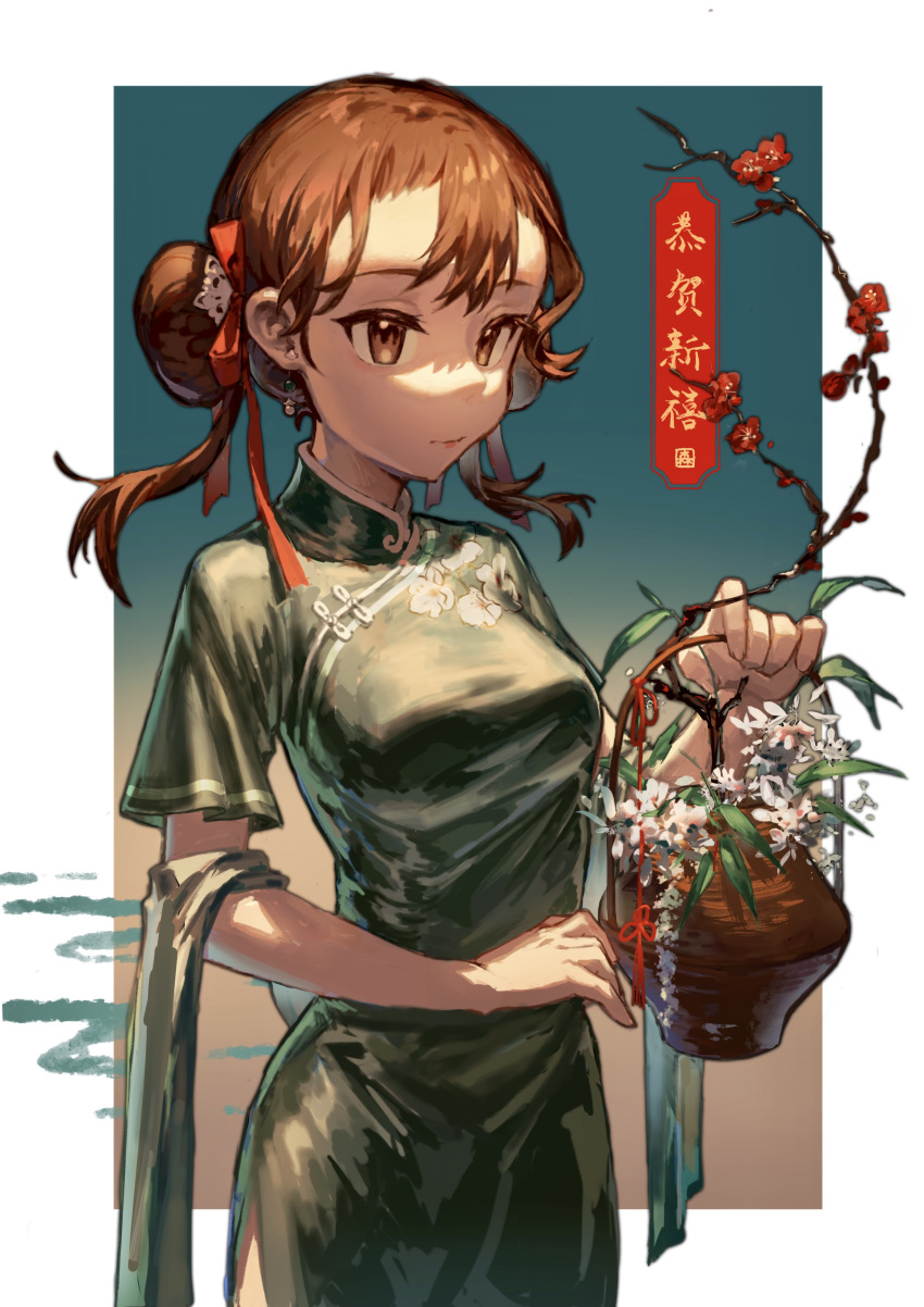 1girl absurdres breasts brown_eyes brown_hair china_dress chinese_clothes chinese_new_year double_bun dress flower highres original plant potted_plant sansenokumo smile solo