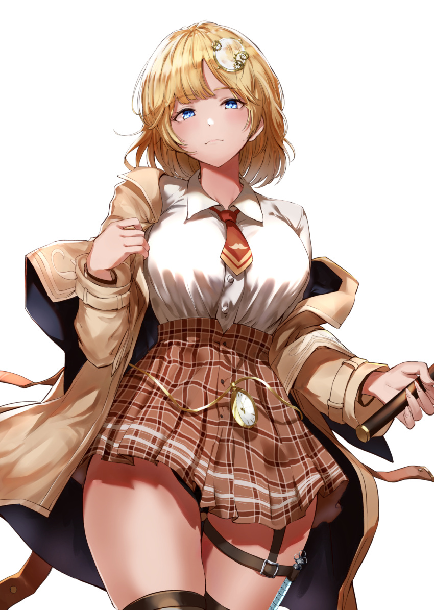 1girl bangs black_legwear blonde_hair blue_eyes blush breasts brown_coat closed_mouth coat collared_shirt commentary_request cowboy_shot dress_shirt hair_ornament highres hololive hololive_english jojobirdz large_breasts long_sleeves looking_at_viewer magnifying_glass monocle_hair_ornament mustache_print necktie off_shoulder open_mouth plaid plaid_skirt pocket_watch shirt shirt_tucked_in short_hair short_necktie simple_background skirt smile solo syringe thigh-highs thigh_strap thighs virtual_youtuber watch watson_amelia white_background
