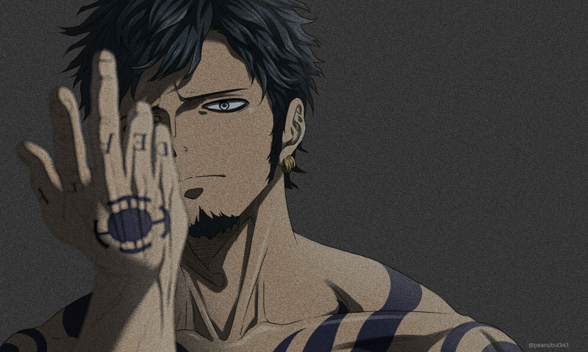 1boy arm_tattoo black_hair blurry_foreground chest_tattoo collarbone earrings face facial_hair goatee grey_eyes highres jewelry looking_at_viewer male_focus no_headwear nude one_piece panther_print pinattsu short_hair shoulder_tattoo sideburns solo tattoo toned toned_male trafalgar_law