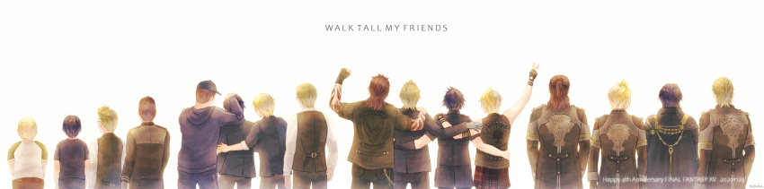 4boys age_progression anniversary back black_hair black_jacket blonde_hair brown_hair final_fantasy final_fantasy_xv fingerless_gloves from_behind gladiolus_amicitia gloves hat highres hood hoodie ignis_scientia jacket long_image mocha_(tbc7500) multiple_boys multiple_persona noctis_lucis_caelum prompto_argentum side-by-side sleeveless spiky_hair tattoo vest wide_image