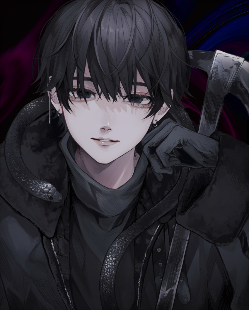 1boy 402_(o0_xxx) abstract_background absurdres black_coat black_eyes black_gloves black_hair black_theme coat dark_background earrings eyebrows_behind_hair fur_trim gloves hand_on_own_cheek hand_on_own_face hand_up highres jewelry light_smile looking_at_viewer male_focus original parted_lips pickaxe short_hair solo upper_body