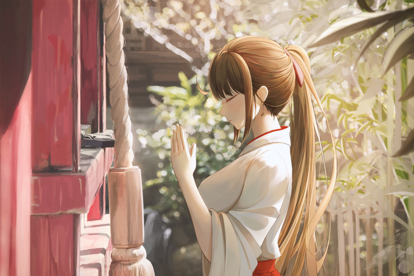 1girl bangs blush breasts brown_hair closed_eyes closed_mouth earrings fakegeo from_side hair_ribbon hakama hands_together hands_up highres japanese_clothes jewelry kimono large_breasts long_hair long_sleeves miko original outdoors ponytail praying red_hakama red_ribbon ribbon rope shrine solo standing sunlight upper_body white_kimono wide_sleeves