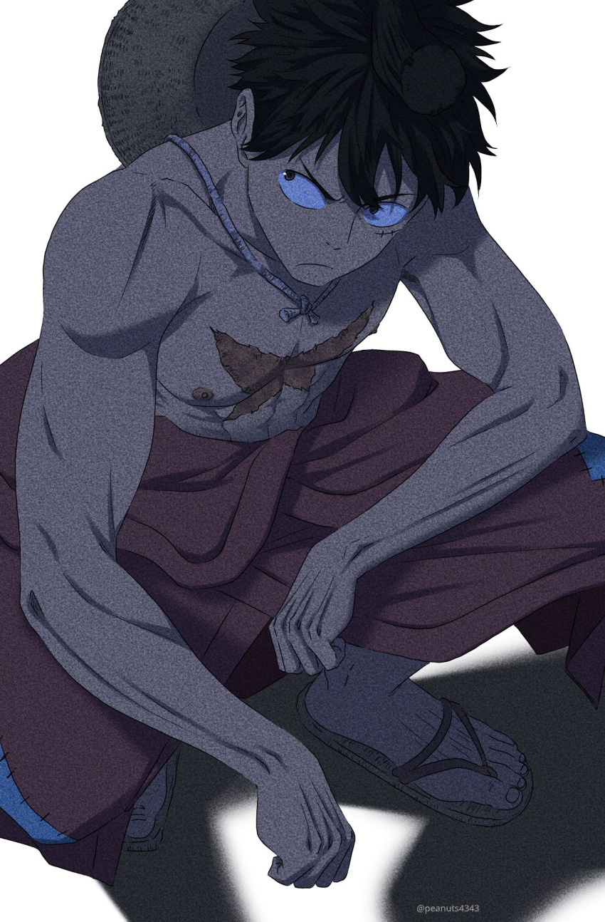 1boy abs black_eyes black_hair cross_scar hat highres japanese_clothes kimono looking_to_the_side male_focus monkey_d_luffy nipples official_alternate_costume one_piece open_clothes open_kimono pectorals pinattsu red_kimono scar scar_on_cheek scar_on_chest scar_on_face shirtless short_hair solo squatting stomach straw_hat toned toned_male