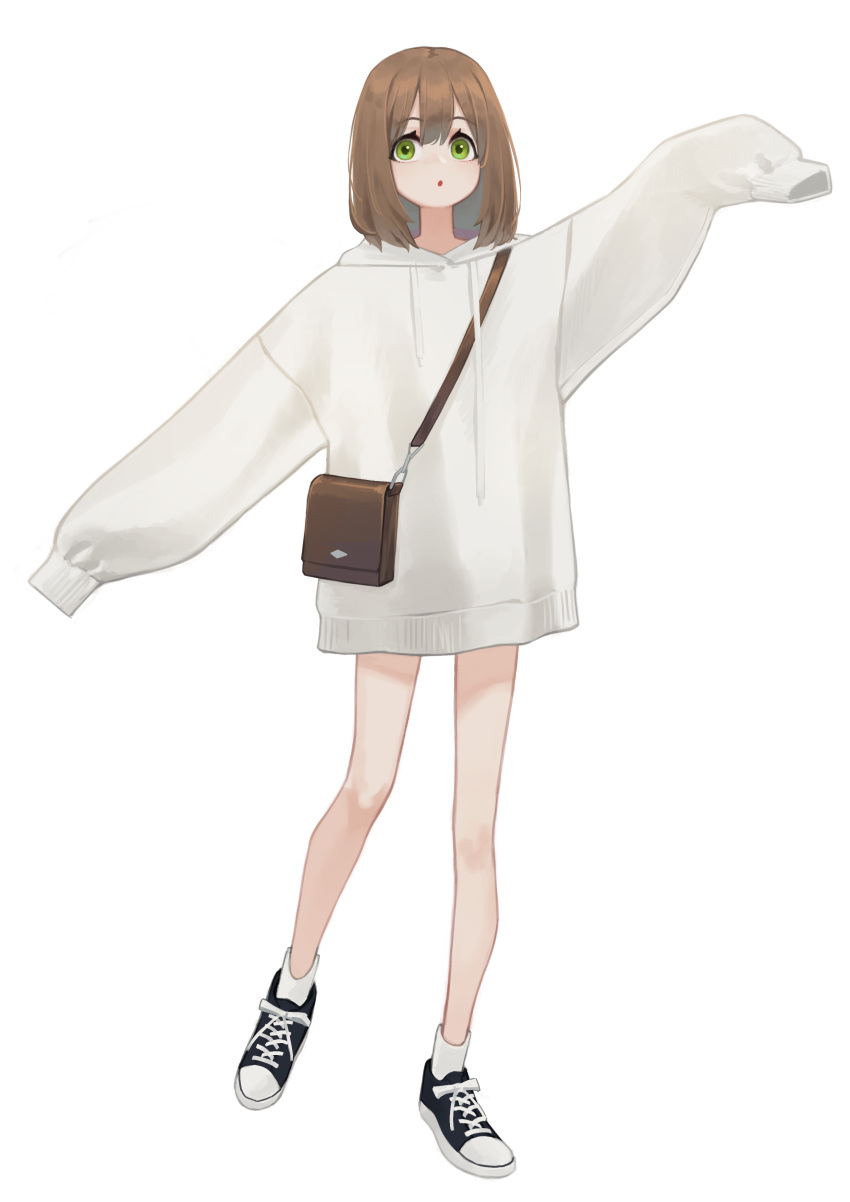 1girl absurdres bag bangs brown_hair eyebrows_visible_through_hair full_body green_eyes hand_up highres long_sleeves looking_at_viewer original parted_lips shoes short_hair sidelocks sleeves_past_fingers sleeves_past_wrists sneakers socks solo standing sweater white_background white_legwear white_sweater yoon_cook