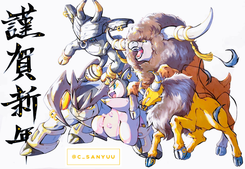 :d blue_eyes bouffalant ccc_(461868714) clenched_teeth closed_mouth commentary_request gen_1_pokemon gen_2_pokemon gen_5_pokemon gen_7_pokemon highres legendary_pokemon legs_apart miltank no_humans open_mouth orange_eyes pokemon pokemon_(creature) smile tapu_bulu tauros teeth terrakion tongue translation_request