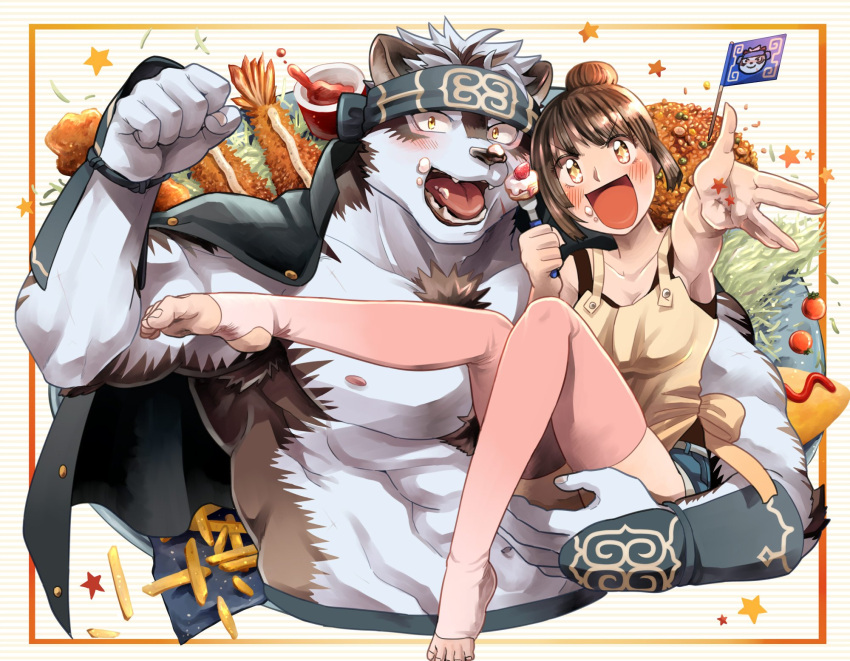 1boy 1girl abs ainu_clothes alternate_costume alternate_hairstyle animal_ears bare_pecs blush brown_hair carrying chest_hair cropped_torso denim denim_shorts food food_on_face food_request french_fries furry gakuran grey_fur grey_hair headband hetero highres horkeu_kamui_(tokyo_houkago_summoners) jacket jacket_on_shoulders large_pectorals long_hair master_2_(tokyo_houkago_summoners) muscular muscular_male navel nipples princess_carry revealing_clothes school_uniform short_hair shorts silver_hair stomach sumi_wo_hakuneko tail tokyo_houkago_summoners two-tone_fur vambraces white_fur wolf_boy wolf_ears wolf_tail yellow_eyes