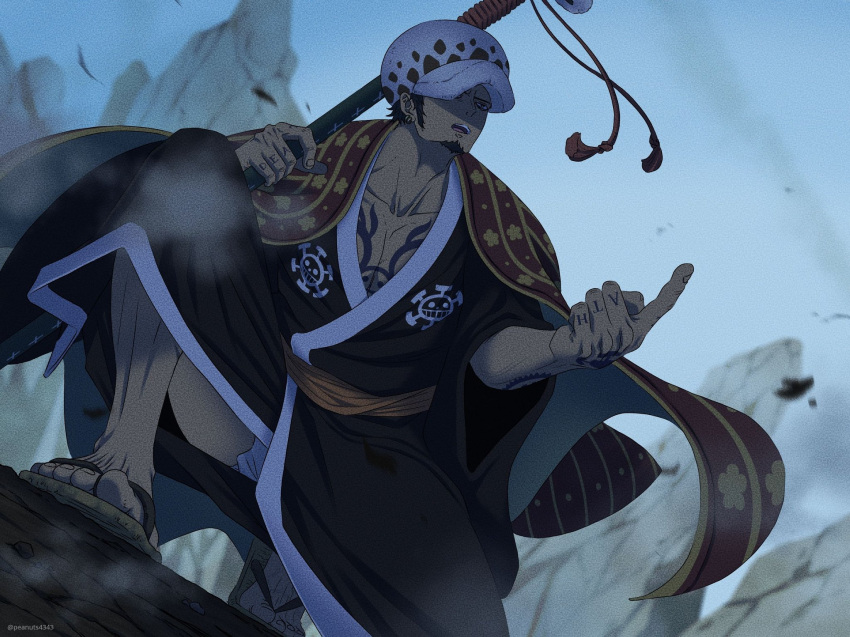 1boy arm_tattoo black_eyes black_hair black_kimono chest_tattoo collarbone facial_hair full_body goatee highres japanese_clothes kimono male_cleavage male_focus official_alternate_costume one_piece over_shoulder panther_print pectorals pinattsu sandals short_hair sideburns solo squatting sword sword_over_shoulder tattoo toned toned_male trafalgar_law weapon weapon_over_shoulder white_headwear