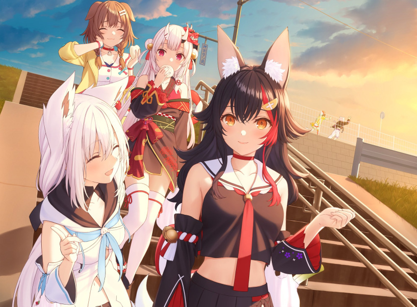 6+girls animal_ear_fluff animal_ears bare_shoulders black_hair black_shirt blue_neckwear braid brown_hair cat_ears cat_girl chasing choker closed_eyes clouds cloudy_sky commentary_request day detached_sleeves dog_ears dog_girl double_bun eyebrows_visible_through_hair food fox_ears fox_girl hair_between_eyes hand_on_own_cheek hand_on_own_face hat highres holding holding_food hololive hood hoodie horns index_finger_raised inugami_korone jacket japanese_clothes kimono long_hair looking_at_another midriff multicolored_hair multiple_girls nakiri_ayame nananichi neckerchief okfams_(group) oni_horns ookami_mio open_clothes open_jacket outdoors peaked_cap purple_hair railing red_choker red_eyes red_kimono red_neckwear redhead sailor_collar shirakami_fubuki shirt short_hair single_braid sky twin_braids two-tone_hair virtual_youtuber white_hair white_hoodie wolf_ears wolf_girl yellow_eyes yellow_jacket