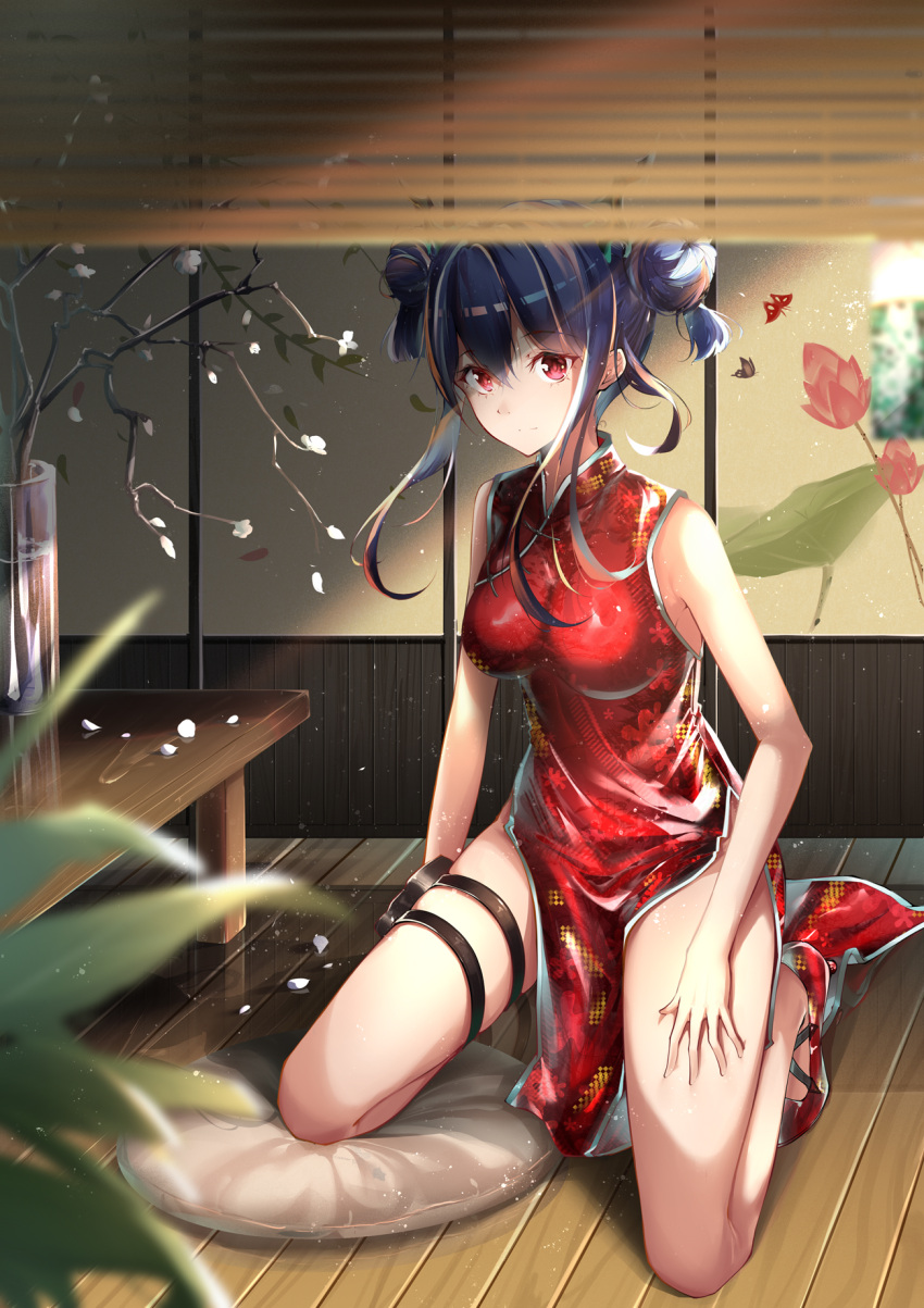 1girl arknights bangs bare_arms bare_shoulders blue_hair breasts ch'en_(ageless_afterglow)_(arknights) ch'en_(arknights) china_dress chinese_clothes commentary_request double_bun dragon_horns dress flats flower highres horns indoors long_hair medium_breasts official_alternate_costume pelvic_curtain red_dress red_eyes red_flower seiza sin. sitting sleeveless sleeveless_dress solo thigh_strap thighs