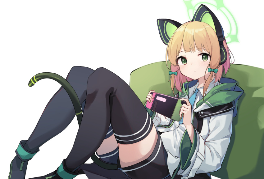 1girl black_legwear blonde_hair blue_archive cat_ear_headphones green_eyes headphones highres jacket looking_at_viewer midori_(blue_archive) pillow playing_games ribbon school_uniform short_hair shorts sidelocks simple_background sitting solo thigh-highs twintails white_background z_loader