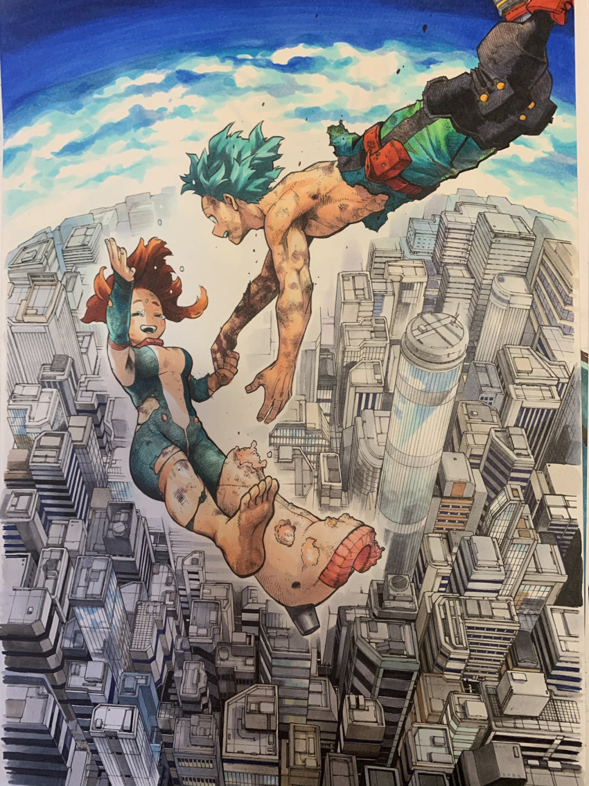 1boy 1girl aqua_hair barefoot belt belt_pouch black_jumpsuit blush_stickers bodysuit boku_no_hero_academia boots brown_hair building city closed_eyes clouds commentary_request crying damaged dirty falling freckles green_jumpsuit highres holding_hands horikoshi_kouhei looking_at_another midoriya_izuku midriff_peek official_art open_mouth pink_footwear pink_jumpsuit pouch raised_eyebrows reaching_out red_belt shirtless shoes short_hair single_shoe sky skyscraper smile tears torn_bodysuit torn_clothes torn_jumpsuit upper_teeth uraraka_ochako wind