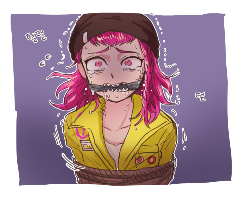 bangs beanie black_headwear border bound crying crying_with_eyes_open dangan_ronpa_(series) dangan_ronpa_2:_goodbye_despair gag gagged grey_shirt hat highres hood jumpsuit looking_at_viewer medium_hair outline pink_eyes pink_hair purple_background rope_gag saliva shirt solo souda_kazuichi tears tied_up translation_request trembling upper_body uzicha white_border white_outline yellow_jumpsuit