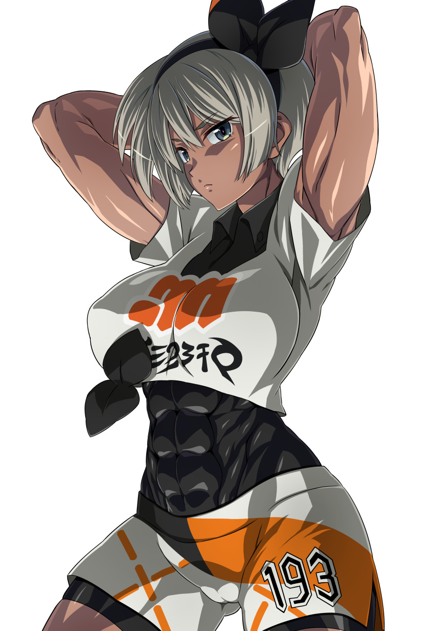 1girl abs absurdres arms_behind_head arms_up bangs bea_(pokemon) black_bodysuit black_hairband bodysuit bodysuit_under_clothes bow_hairband breasts collared_shirt covered_abs dark_skin dark-skinned_female grey_eyes grey_hair gym_leader hair_between_eyes hairband highres j.h. large_breasts looking_at_viewer muscular muscular_female pokemon pokemon_(game) pokemon_swsh print_shirt print_shorts shirt short_hair short_sleeves shorts simple_background thighs tied_shirt toned white_shirt white_shorts